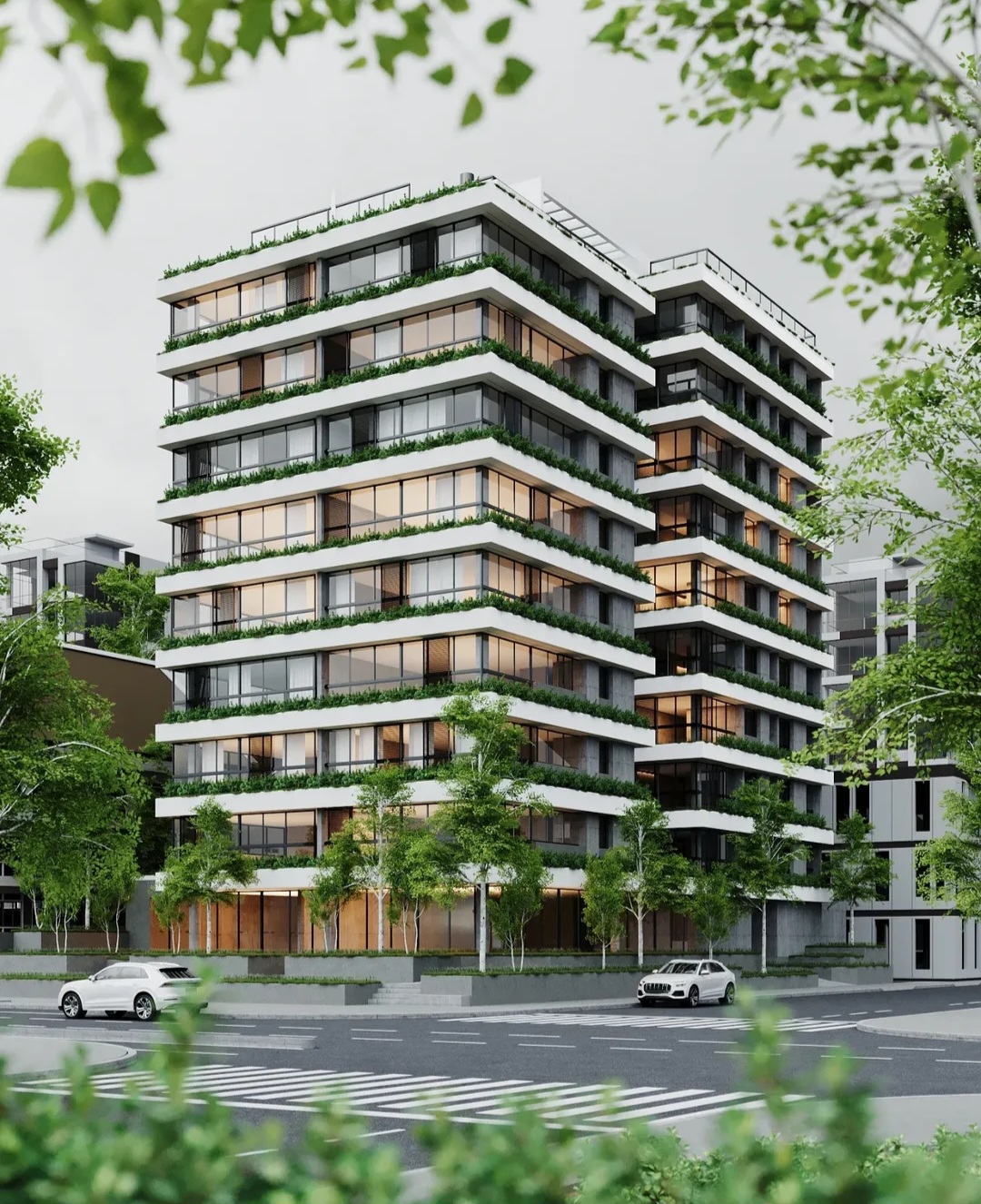 Edifício residencial contemporâneo com varandas ajardinadas